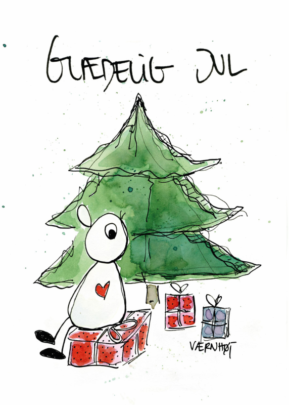 Billede af Galleri Værnhøj - Keramik - Lykønskningskort Små - Glædelig Jul Juletræ Og Nisse Sidder På Pakke